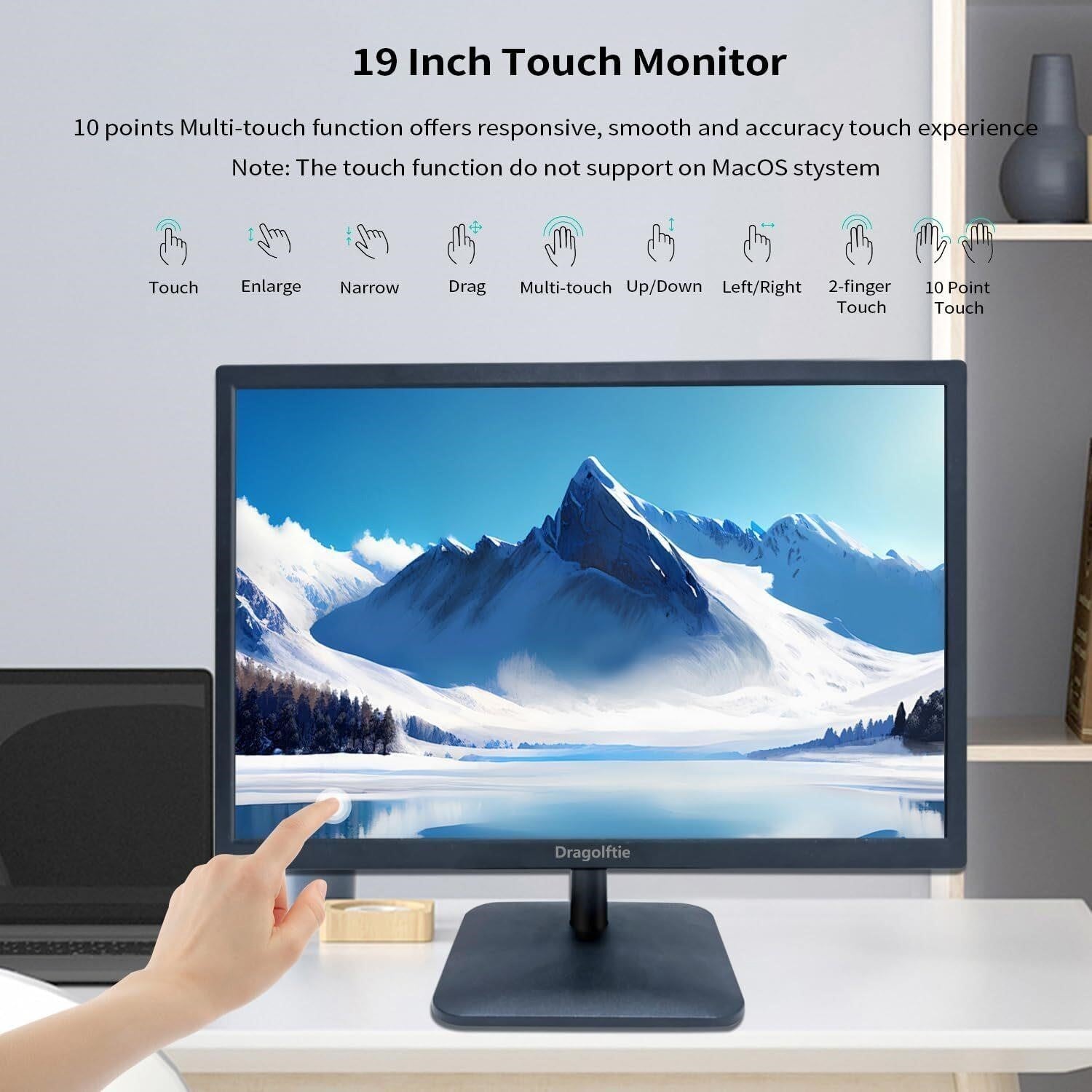 19" HD Touchscreen Monitor 10-Point Touch Built-in Speakers HDMI VGA VESA Mount