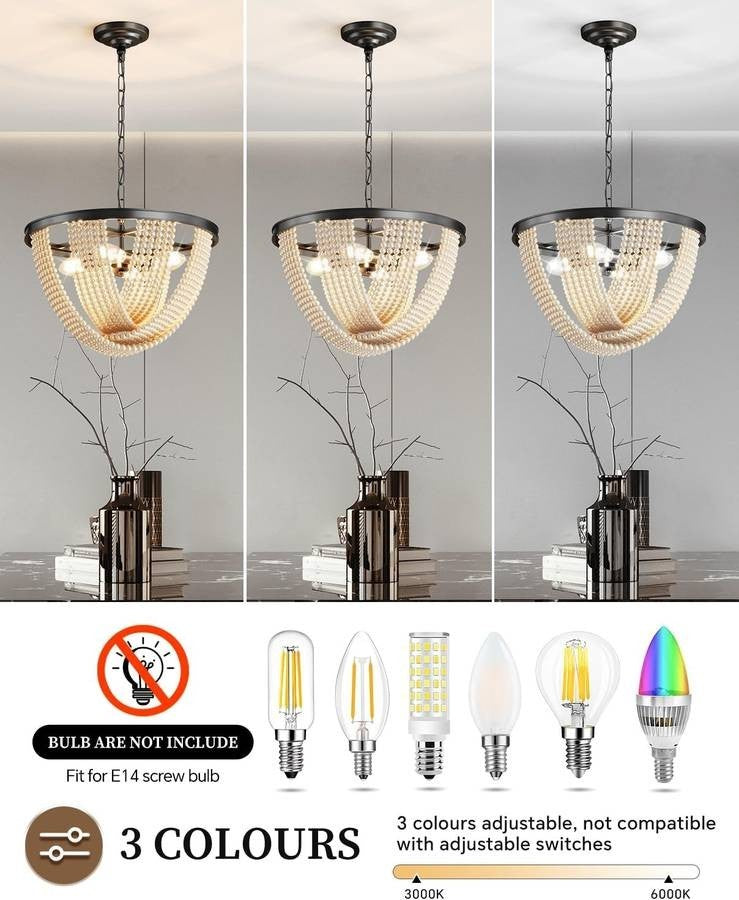 18" Pearl Bead Chandelier Black 4-Light Vintage Regency Boho Dining Bedroom
