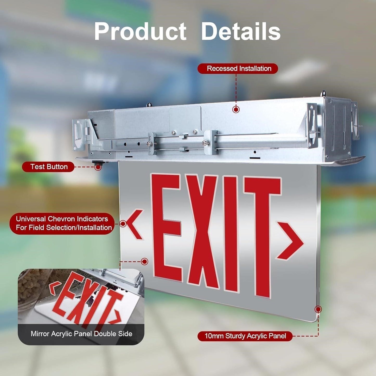 Commercial Exit Sign LED Recessed Mirror Acrylic Battery Backup UL 120V