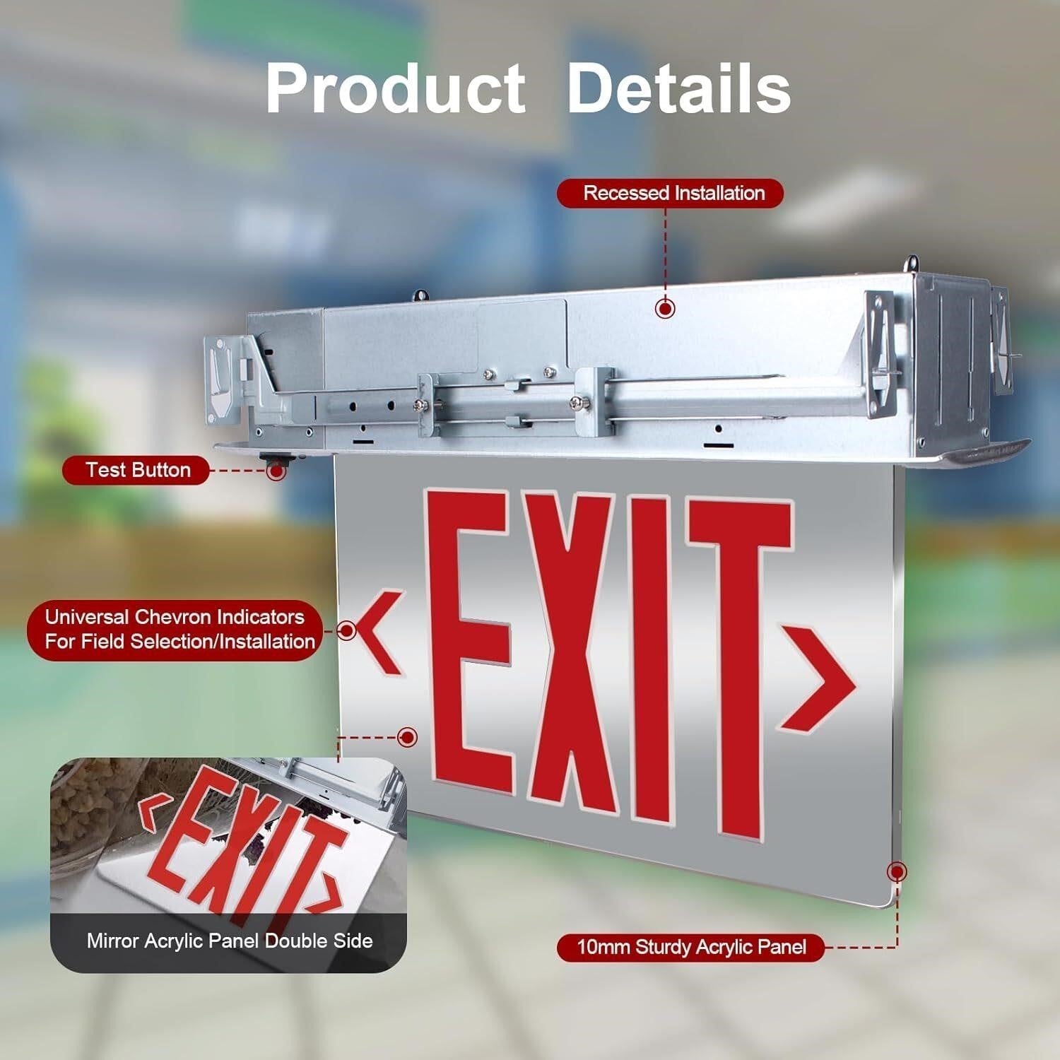 Commercial Exit Sign LED Recessed Mirror Acrylic Battery Backup UL 120V
