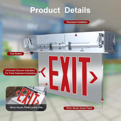 Commercial Exit Sign LED Recessed Mirror Acrylic Battery Backup UL 120V