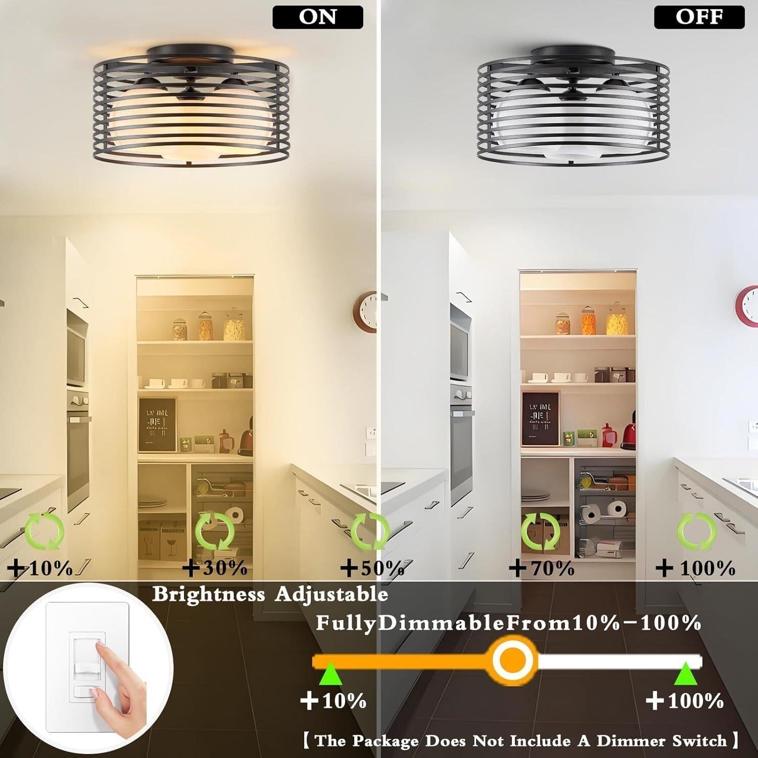 Industrial 3-Light Semi Flush Mount Black Cage Globe Glass Ceiling Light Kitchen