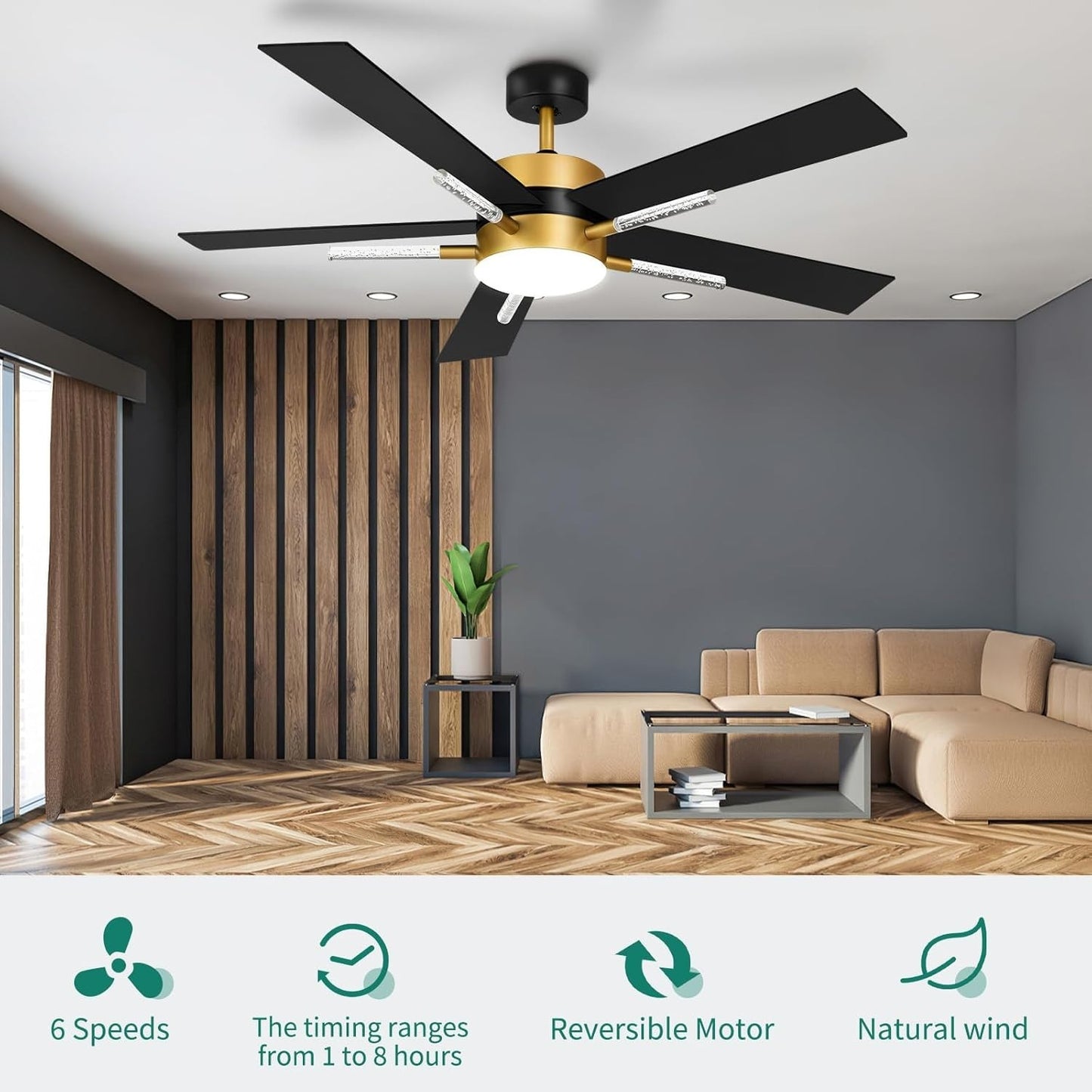 YITAHOME 60" Ceiling Fan Light Remote Crystal Rod Black Gold DC 5 Blade LED
