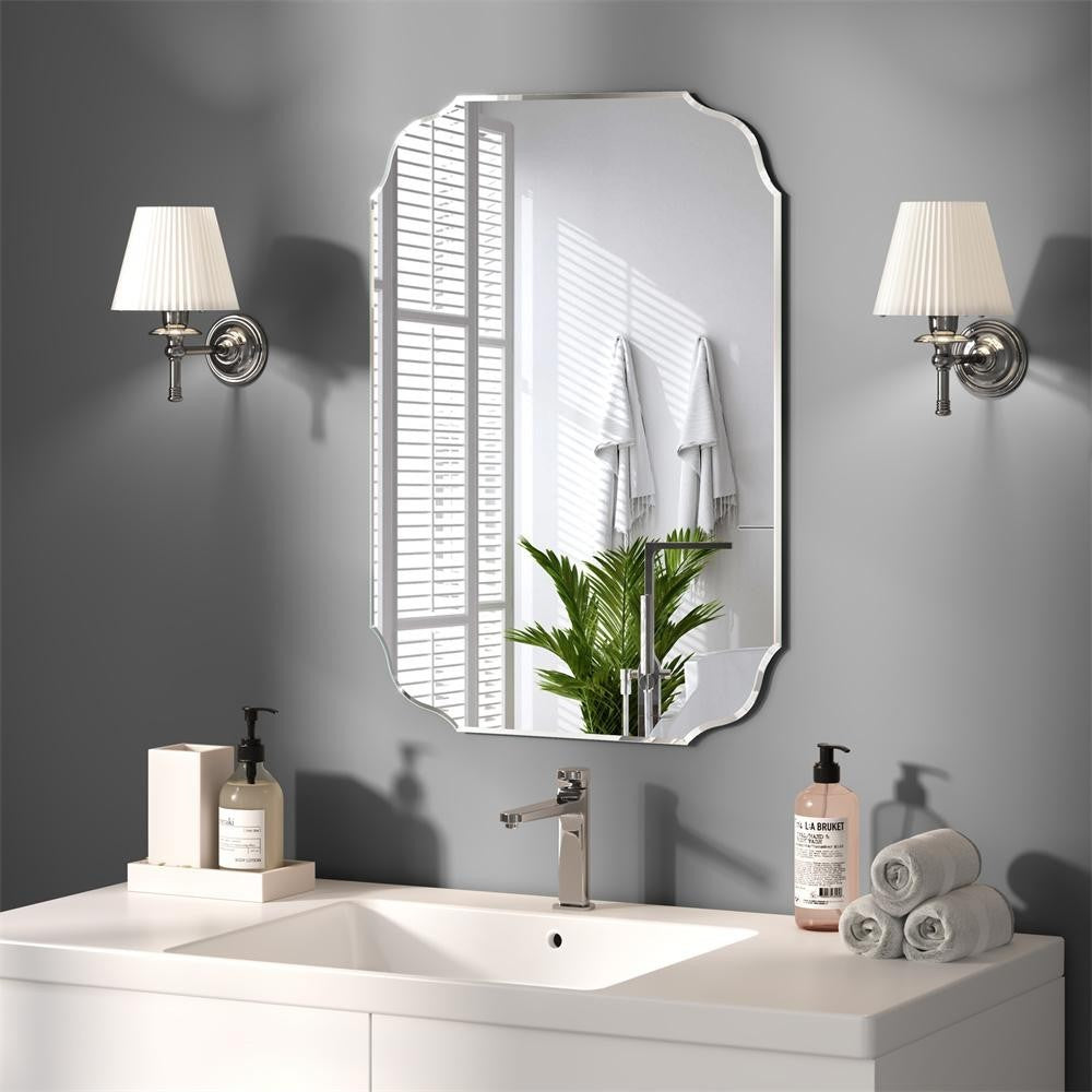 KOHROS 20x28 Scalloped Frameless Beveled Bathroom Vanity Mirror Silver Wall Hung