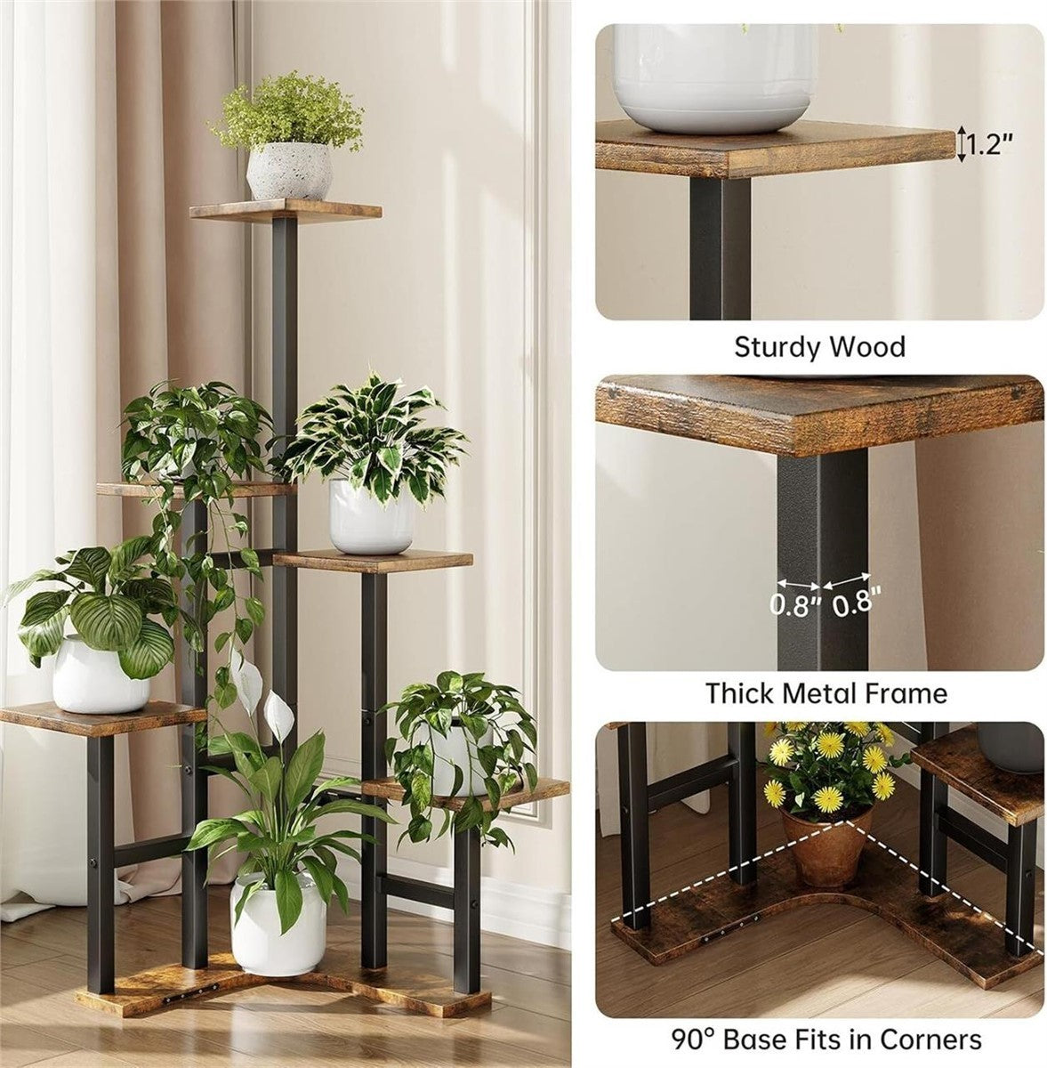 6 Tier Corner Plant Stand 43in Tall Wood Shelf Indoor Rustic Brown L-Shape
