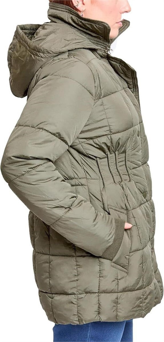Royalty For Me Women XL Puffer Jacket Olive Hooded Cinched Waist Snap Zip New