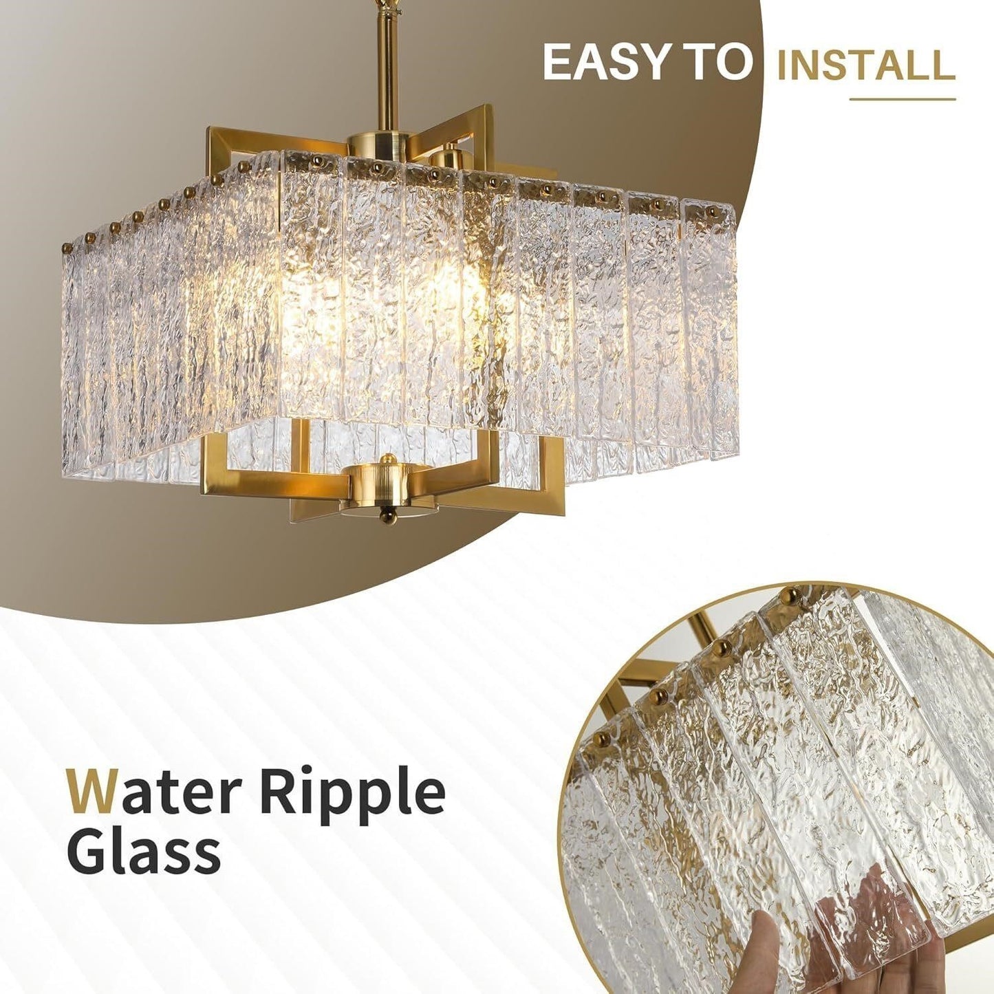 Modern Gold Square Chandelier Crystal Water Ripple Glass Pendant Light 16"