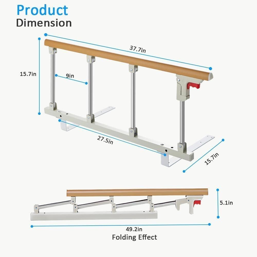 Folding Bed Rail 37.7x15.7" Aluminum Wood Grain One-Button Fold Seniors