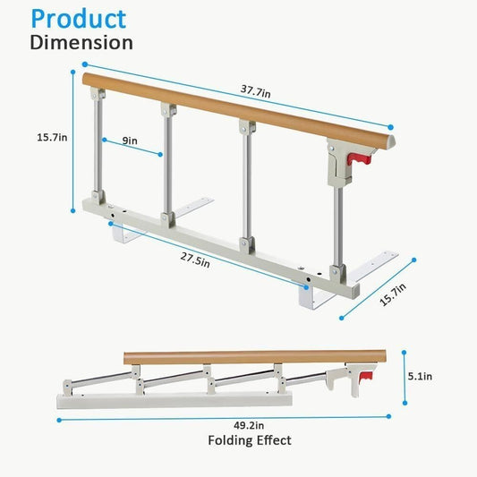 Folding Bed Rail 37.7x15.7" Aluminum Wood Grain One-Button Fold Seniors