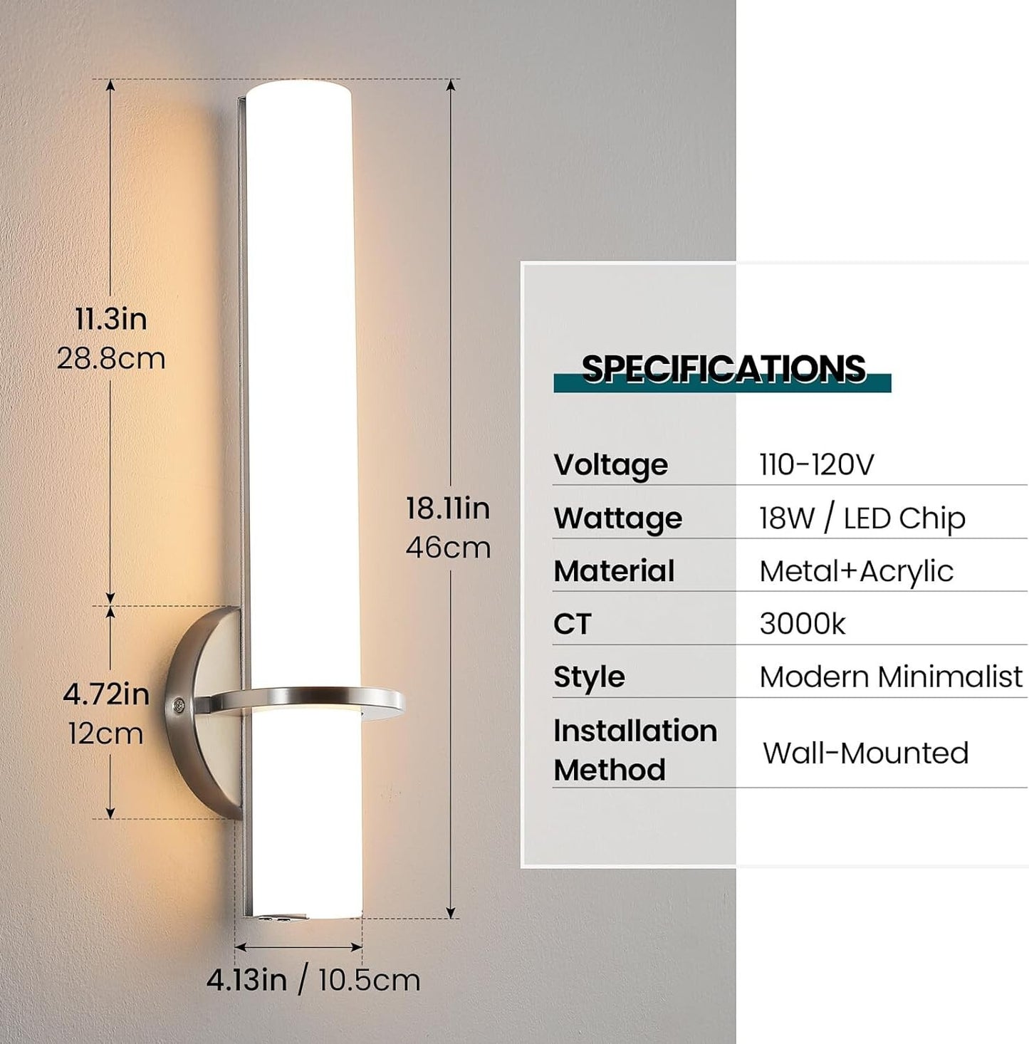 Set of 2 AIJIASI 18" LED Vanity Lights - 18W Dimmable Brushed Nickel - 3000K