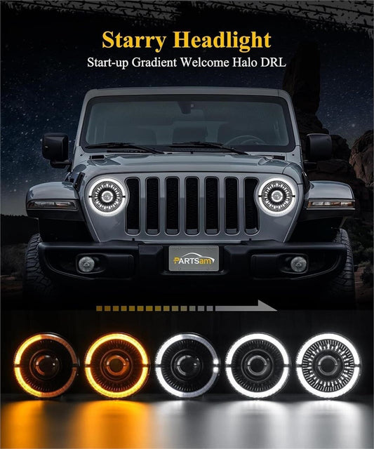 Partsam 7 Inch LED Headlights H6024 DOT Jeep Wrangler JK TJ Amber Halo DRL Pair