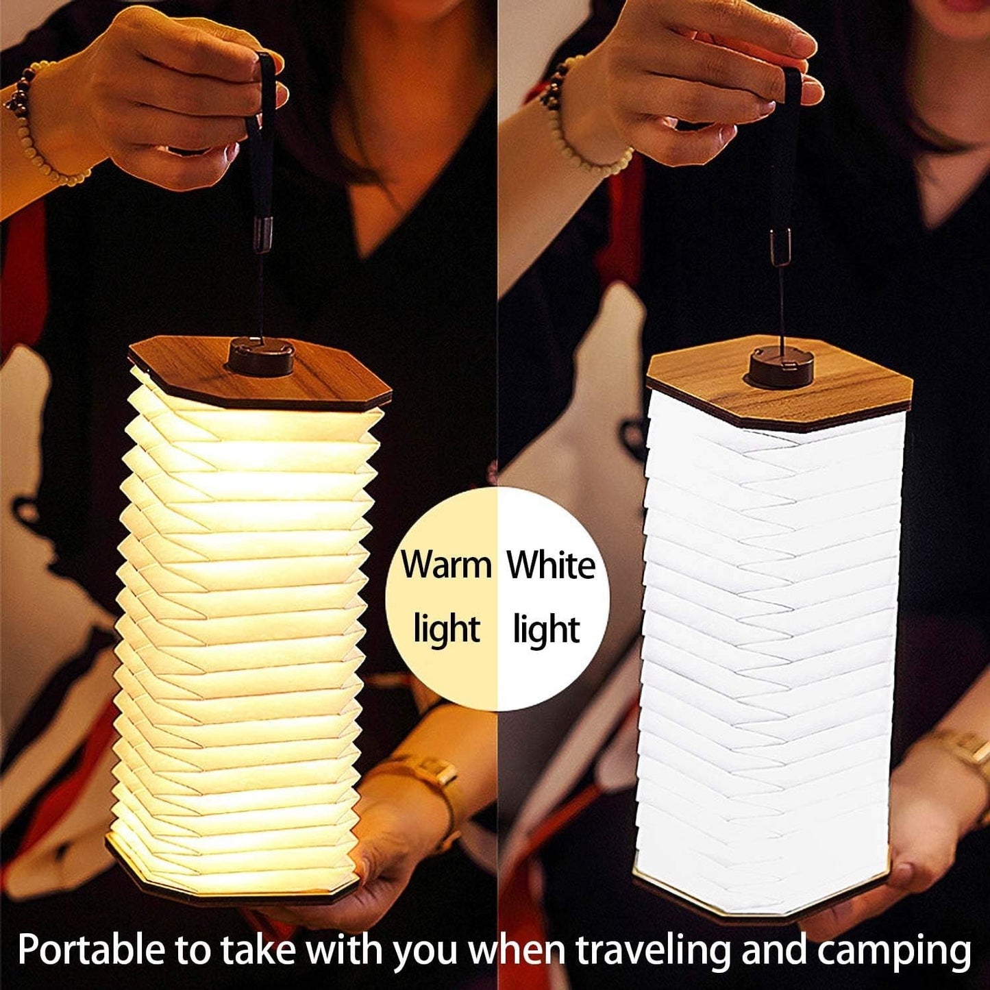 Wooden LED Book Light - Foldable Paper Lantern Magnetic Hanging Night Lamp USB