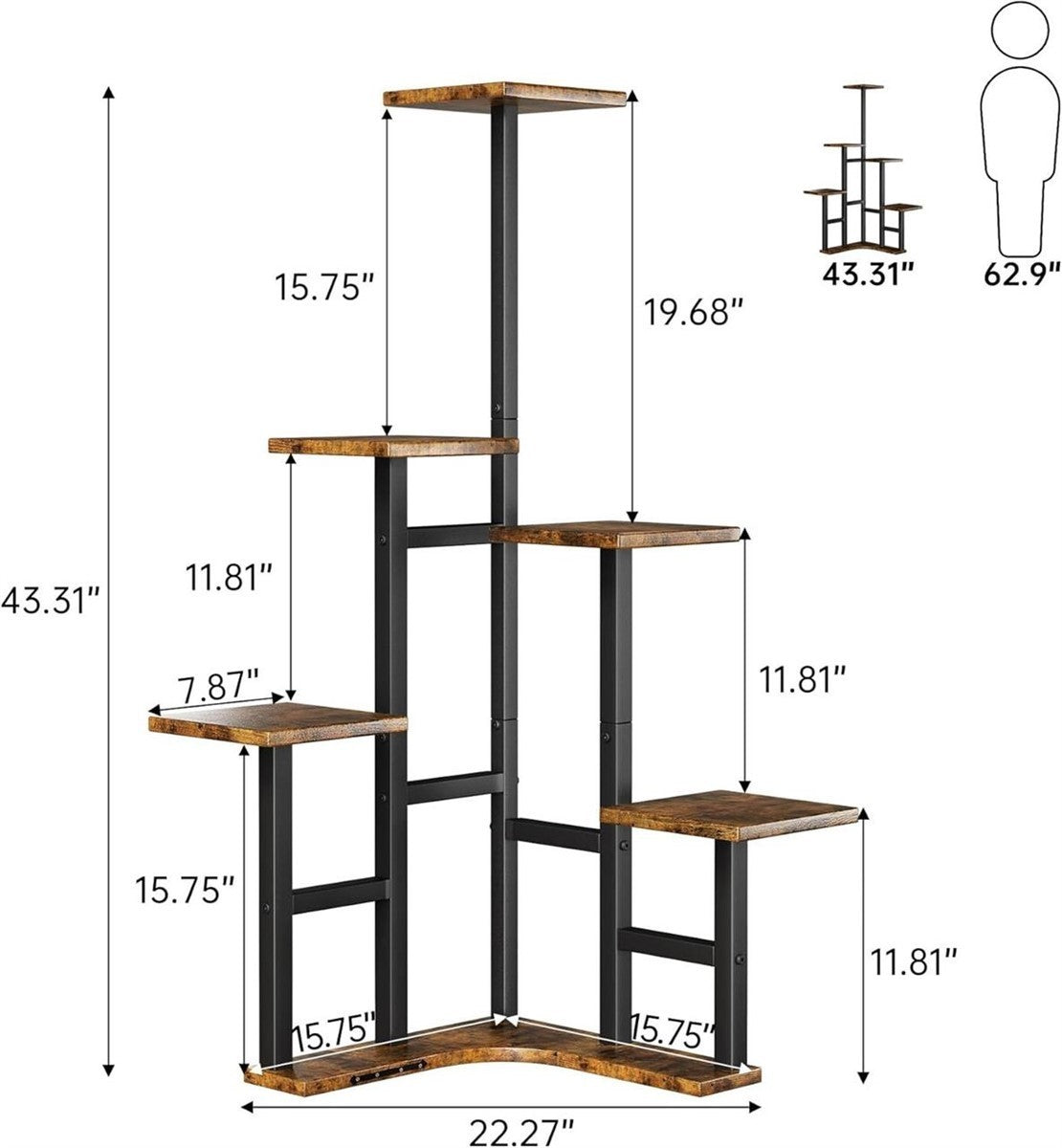 6 Tier Corner Plant Stand 43in Tall Wood Shelf Indoor Rustic Brown L-Shape