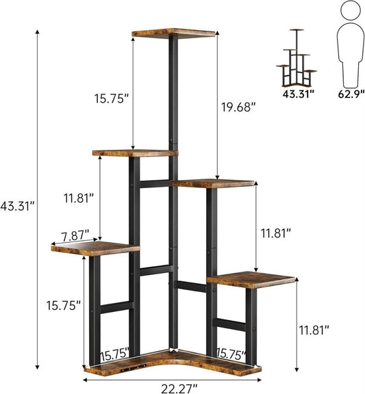 6 Tier Corner Plant Stand 43in Tall Wood Shelf Indoor Rustic Brown L-Shape