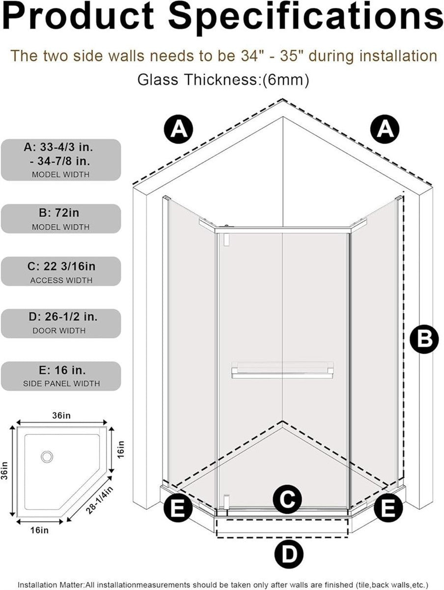 GOBESTRY 36" Neo-Angle Frameless Shower Door Matte Black SGCC Tempered NO BASE