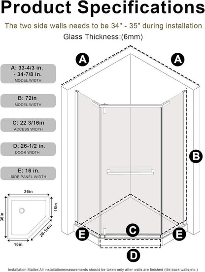 GOBESTRY 36" Neo-Angle Frameless Shower Door Matte Black SGCC Tempered NO BASE