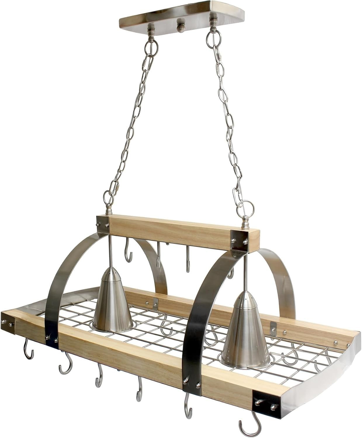 Elegant Designs PR1001-WOD 2-Light Wood Pot Rack 16 Hooks Downlights Nickel
