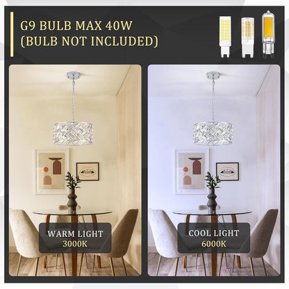 12" Crystal & Polished Chrome 4-Light Chandelier - Modern Drum Pendant Light