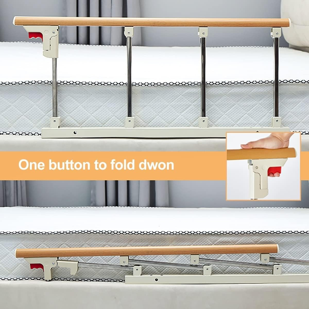 Folding Bed Rail 37.7x15.7" Aluminum Wood Grain One-Button Fold Seniors
