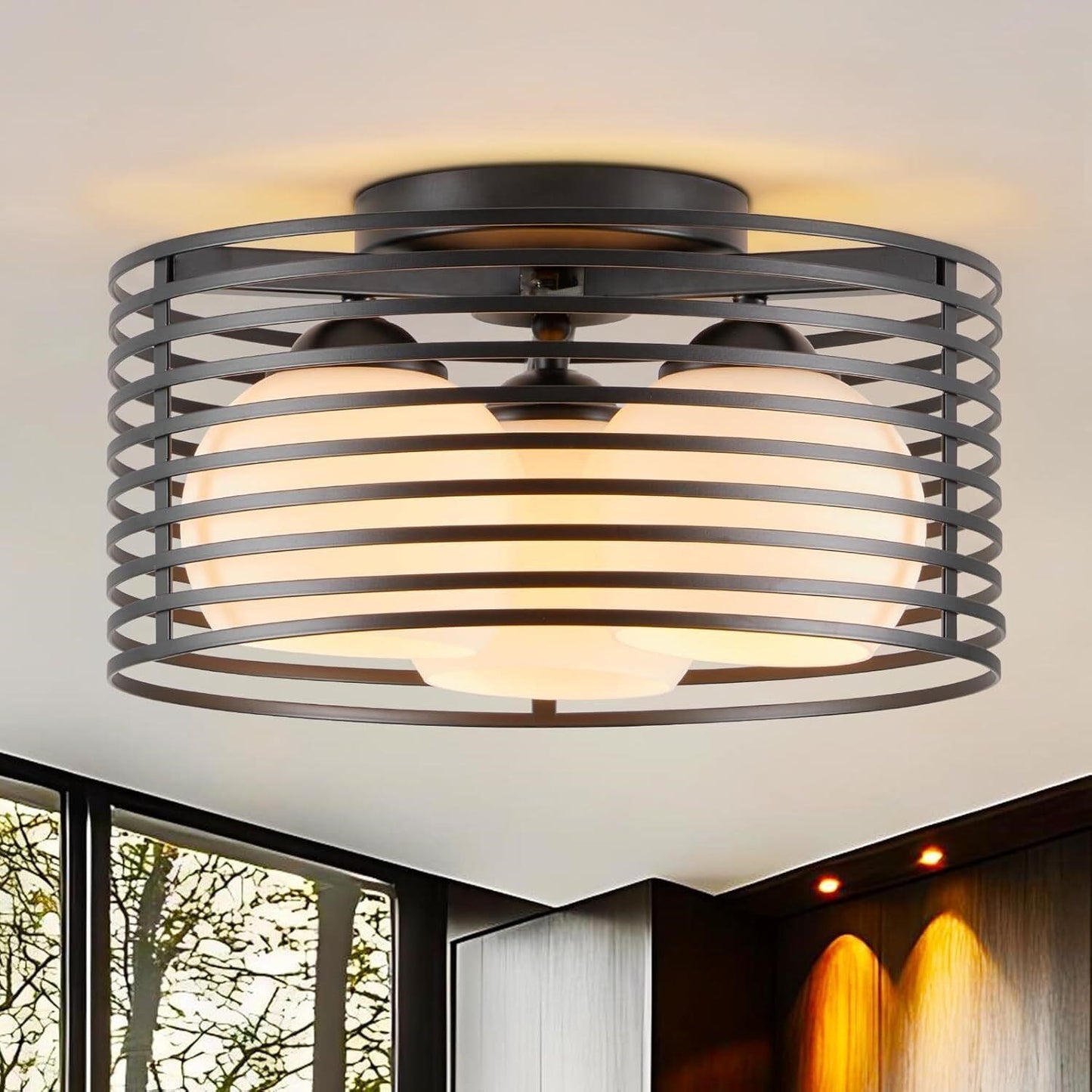 Industrial 3-Light Semi Flush Mount Black Cage Globe Glass Ceiling Light Kitchen