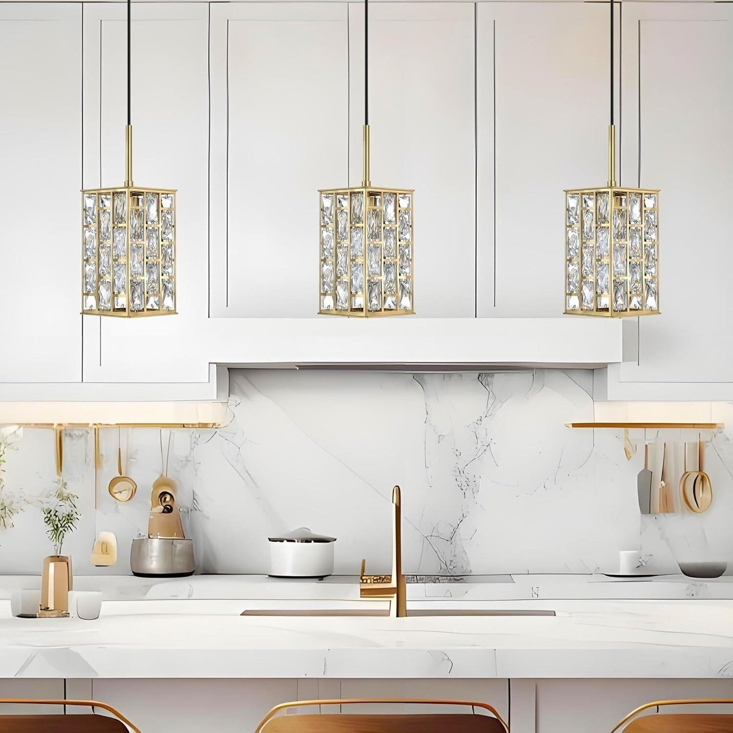 Gold Crystal Pendant Lights Set of 3 Kitchen Island Square Cage Adjustable