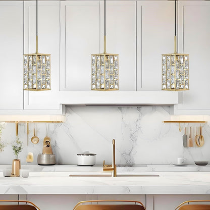 Gold Crystal Pendant Lights Set of 3 Kitchen Island Square Cage Adjustable