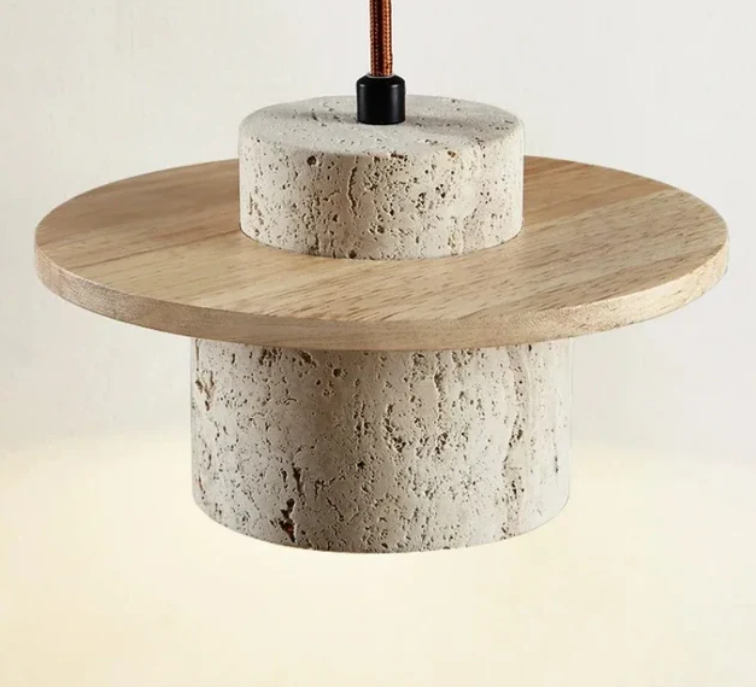 Axamate Wabi Sabi Pendant Light Travertine Stone Wood 4.7" E26 Japandi