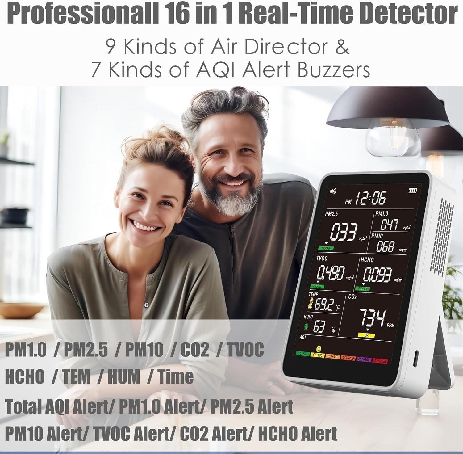 16-in-1 Air Quality Monitor Indoor CO2 PM2.5 PM10 HCHO TVOC Detector AirWhisper