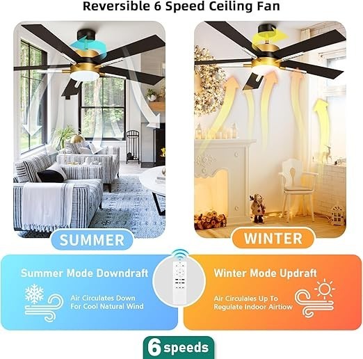 YITAHOME 60" Ceiling Fan Light Remote Crystal Rod Black Gold DC 5 Blade LED