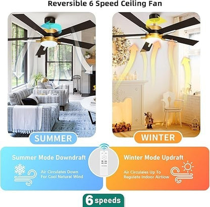 YITAHOME 60" Ceiling Fan Light Remote Crystal Rod Black Gold DC 5 Blade LED