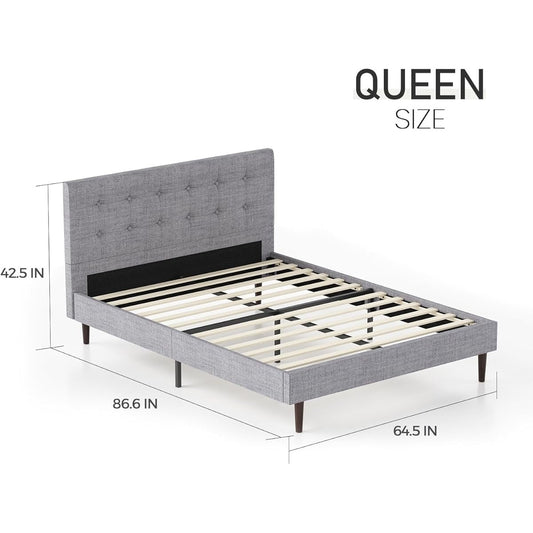 Akeacubo Queen Bed Frame — Grey Linen Tufted Headboard No Box Spring Needed New