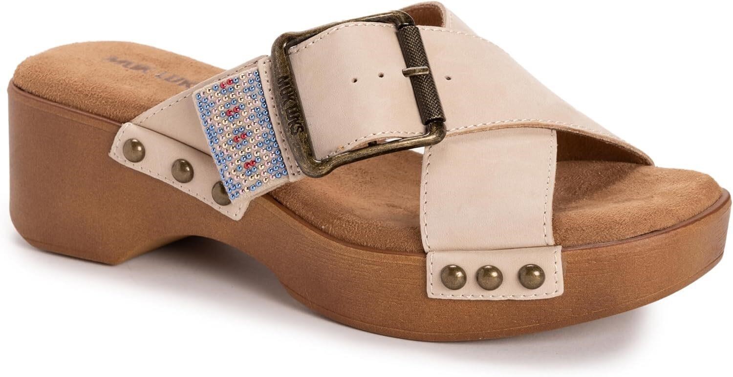 MUK LUKS Charlotte Women Size 7 Wedge Sandal Natural Nubuck Leather Memory Foam