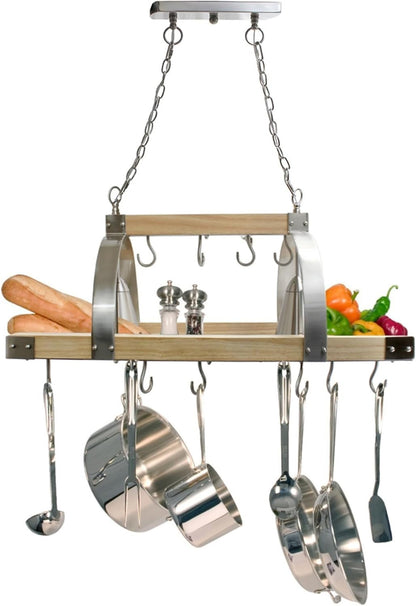 Elegant Designs PR1001-WOD 2-Light Wood Pot Rack 16 Hooks Downlights Nickel