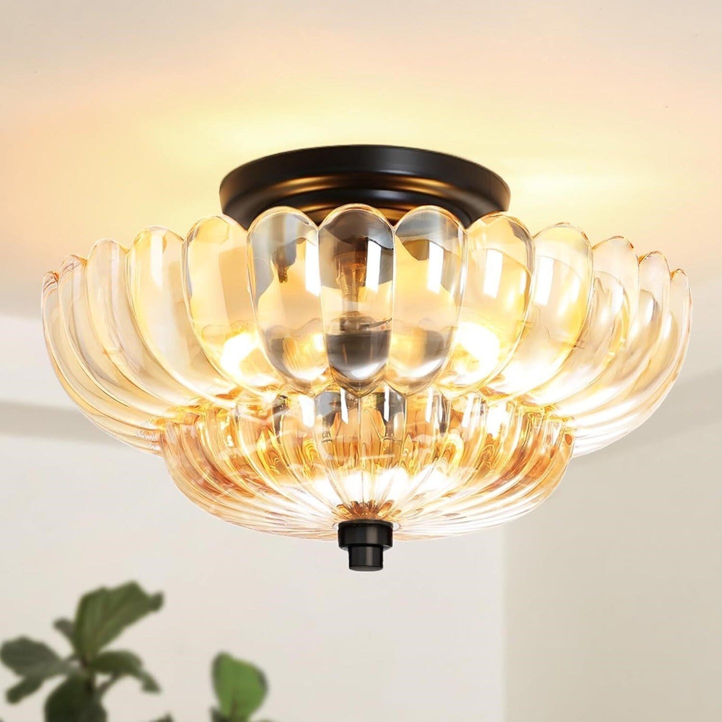 GloMuse Amber Glass Semi Flush Ceiling Light 12 Inch 3-Light E26 Black