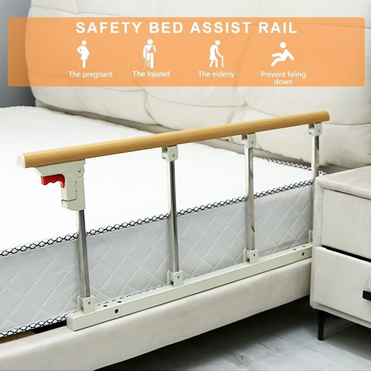 Folding Bed Rail 37.7x15.7" Aluminum Wood Grain One-Button Fold Seniors