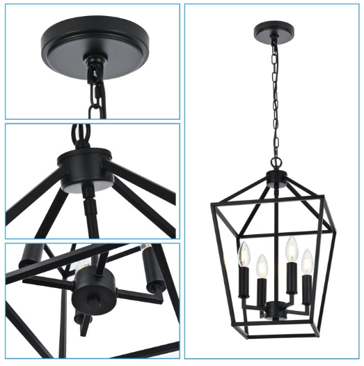 Black Lantern Chandelier 4-Light Farmhouse Open Cage Pendant Kitchen Island