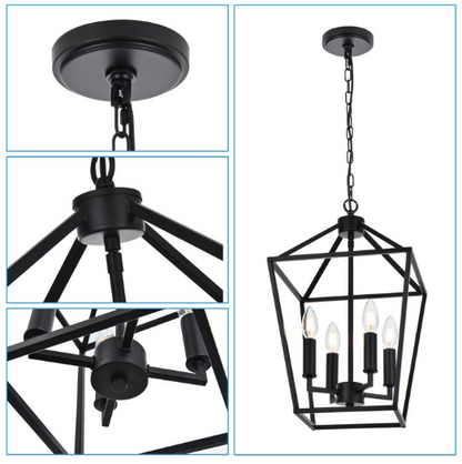 Black Lantern Chandelier 4-Light Farmhouse Open Cage Pendant Kitchen Island