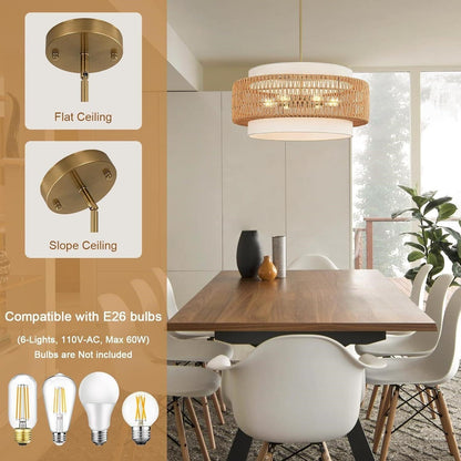 6-Light Rattan Chandelier - 25.6" Adjustable Hand Woven Drum Light - Dimmable