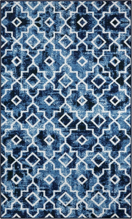 3x5 Moroccan Trellis Indoor Door Mat Washable Non-Slip Entry Rug Blue Distressed