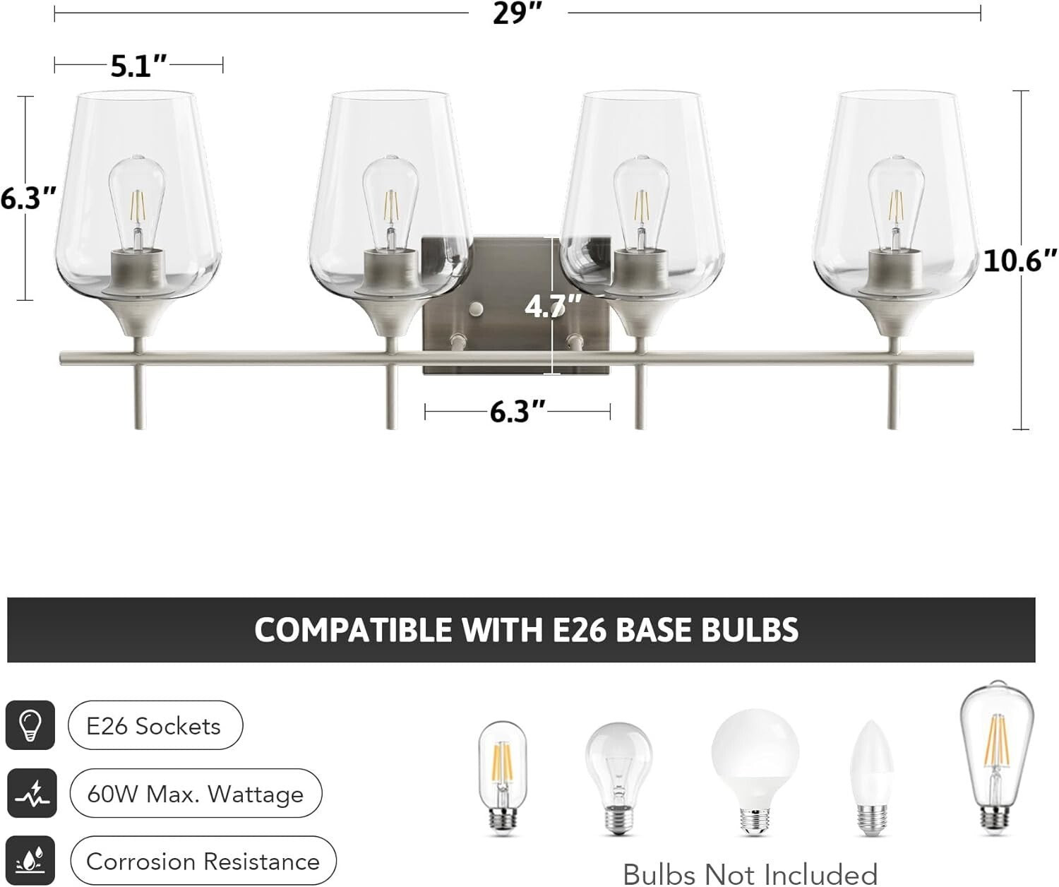 4-Light Vanity Fixture - Clear Glass Shades - Brushed Nickel - VONLUCE