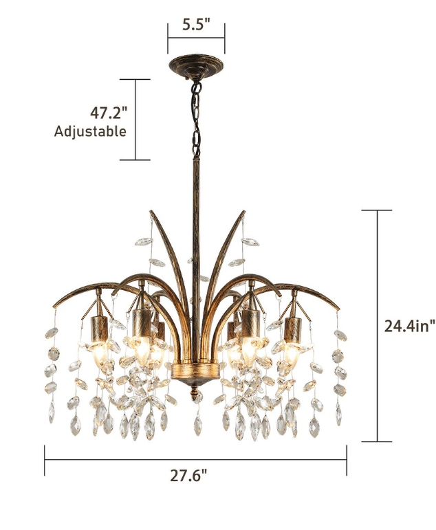 6-Light Bronze Crystal Chandelier 27.6" Vintage Empire Antique Dining Room