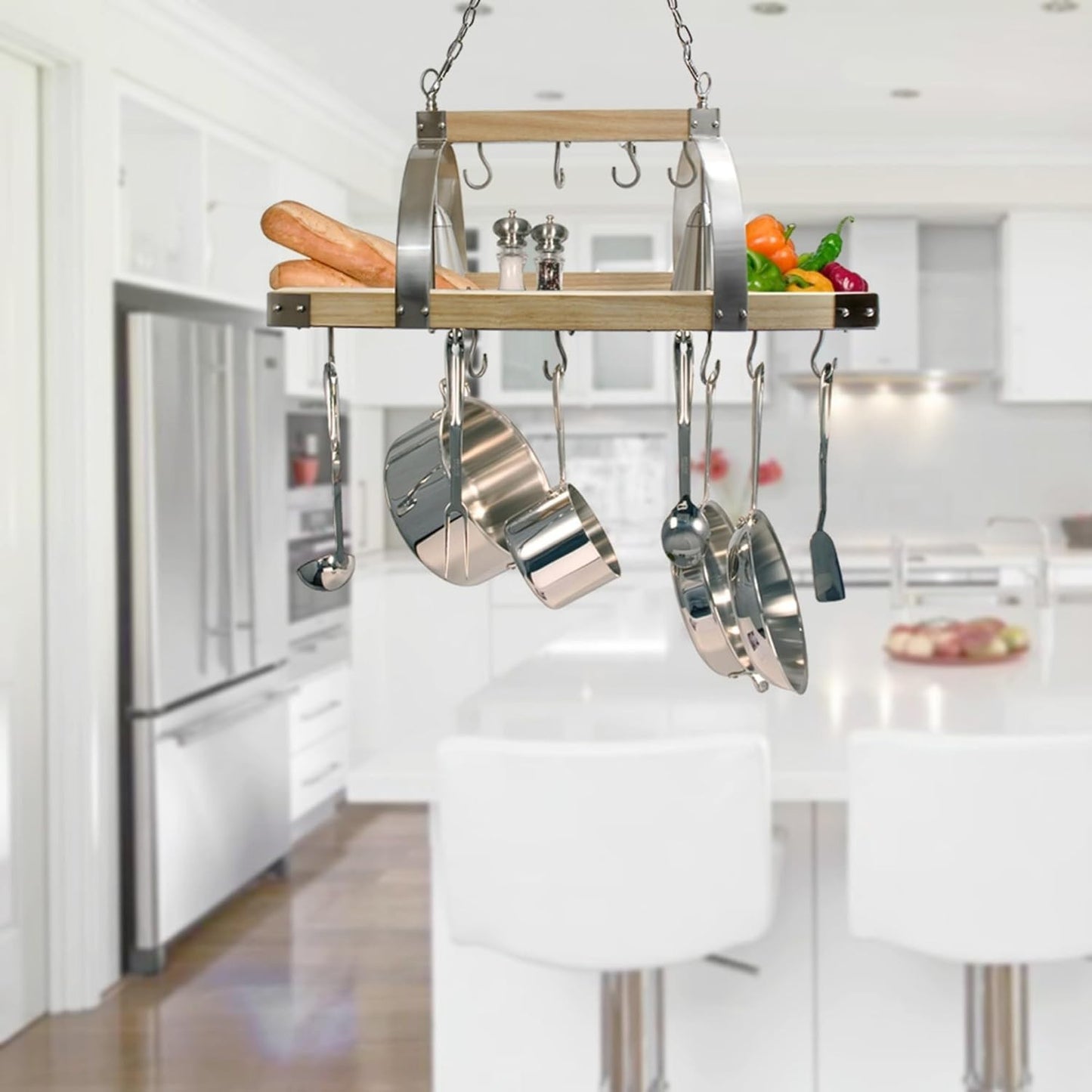 Elegant Designs PR1001-WOD 2-Light Wood Pot Rack 16 Hooks Downlights Nickel