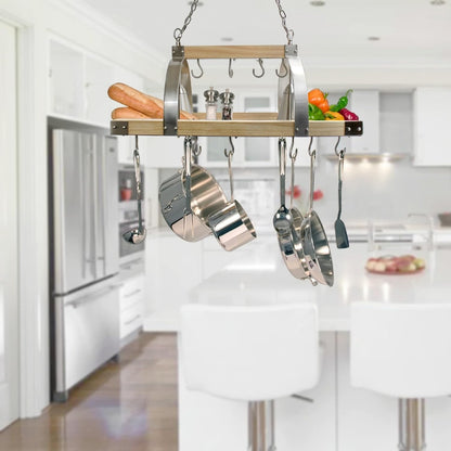 Elegant Designs PR1001-WOD 2-Light Wood Pot Rack 16 Hooks Downlights Nickel