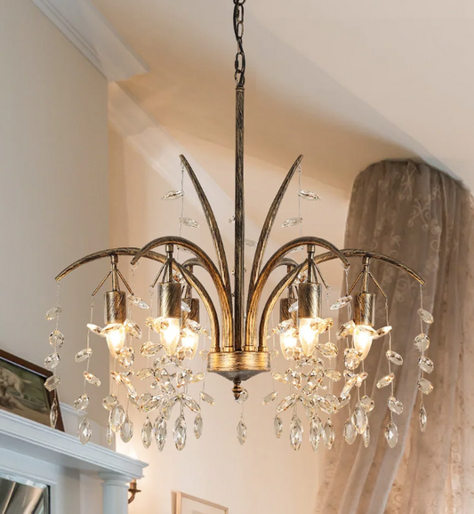 6-Light Bronze Crystal Chandelier 27.6" Vintage Empire Antique Dining Room