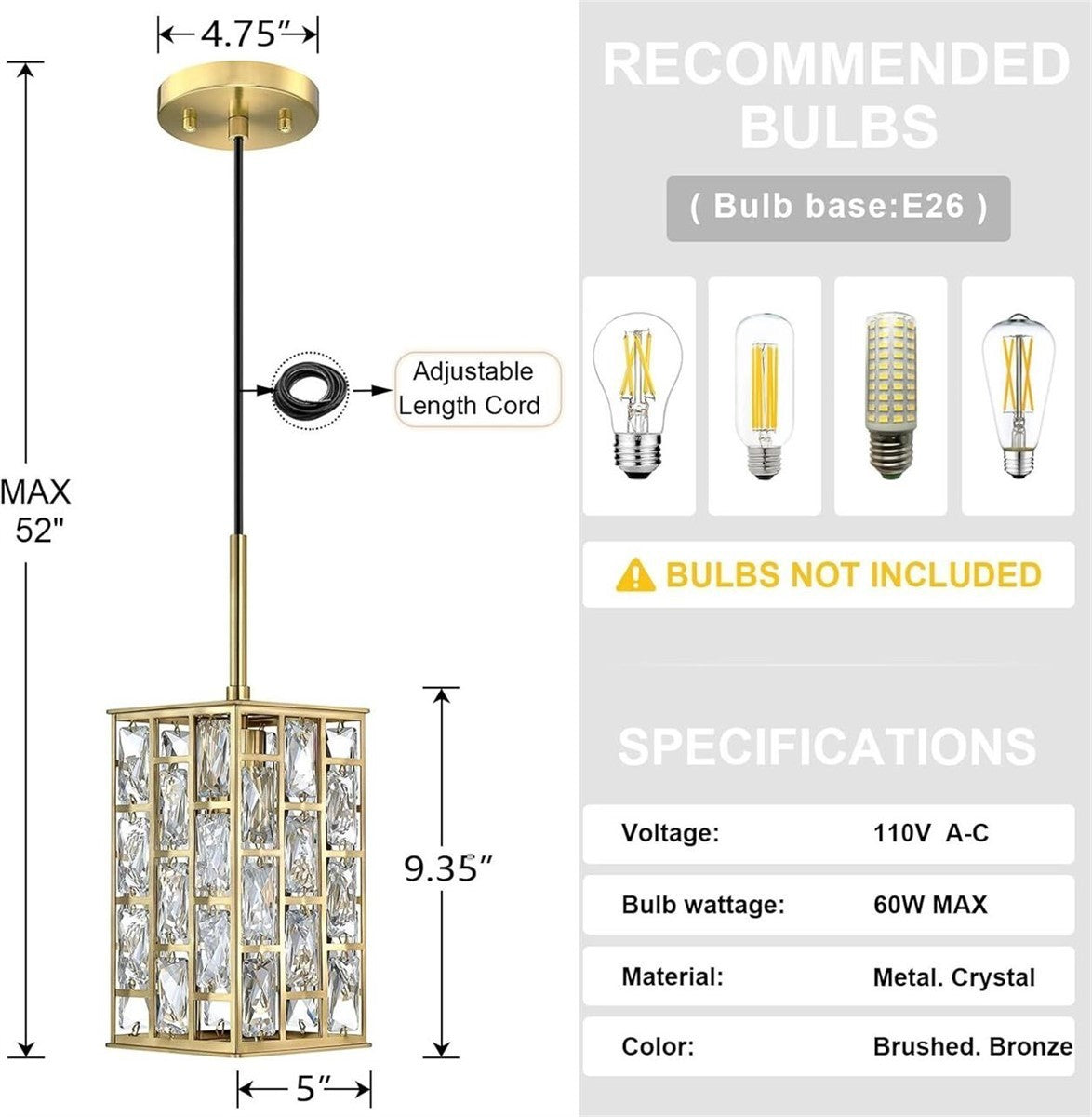 Gold Crystal Pendant Lights Set of 3 Kitchen Island Square Cage Adjustable