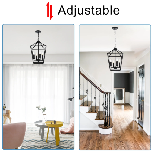 Black Lantern Chandelier 4-Light Farmhouse Open Cage Pendant Kitchen Island
