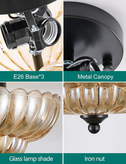 GloMuse Amber Glass Semi Flush Ceiling Light 12 Inch 3-Light E26 Black