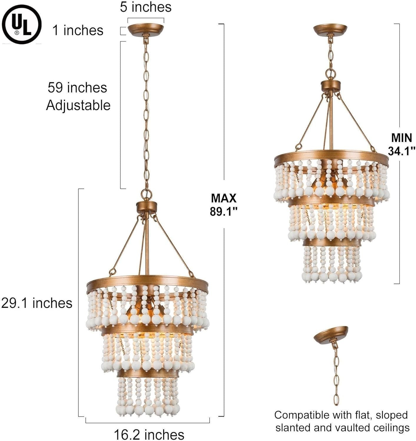 3-Tier Wood Bead Chandelier 6-Light Antique Gold Boho Farmhouse 16" UL E12