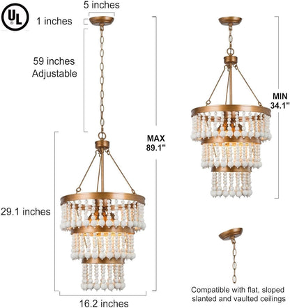 3-Tier Wood Bead Chandelier 6-Light Antique Gold Boho Farmhouse 16" UL E12
