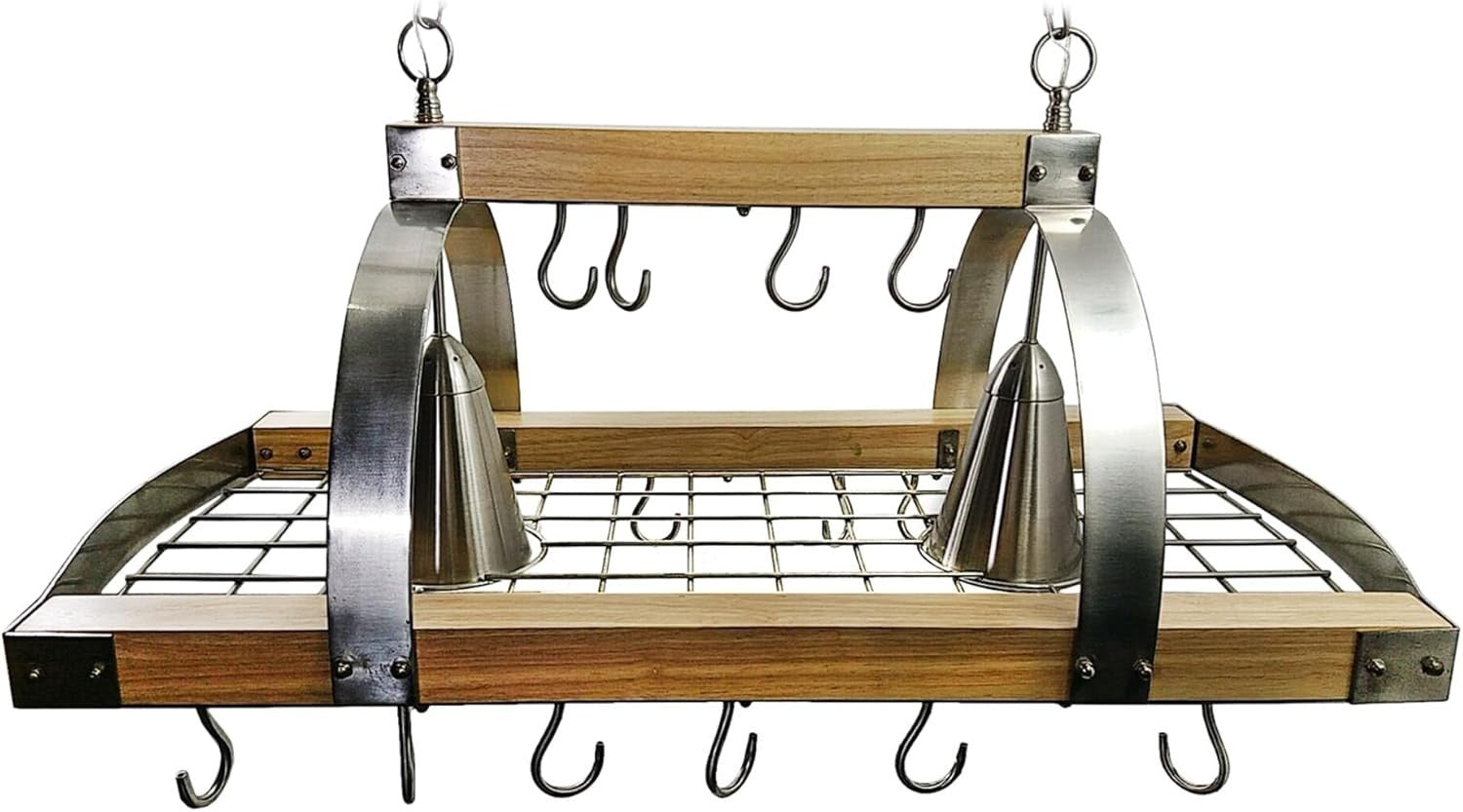Elegant Designs PR1001-WOD 2-Light Wood Pot Rack 16 Hooks Downlights Nickel